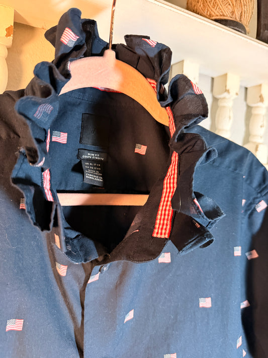 Reworked Navy H&M American Flag Button Down with Americana Flag