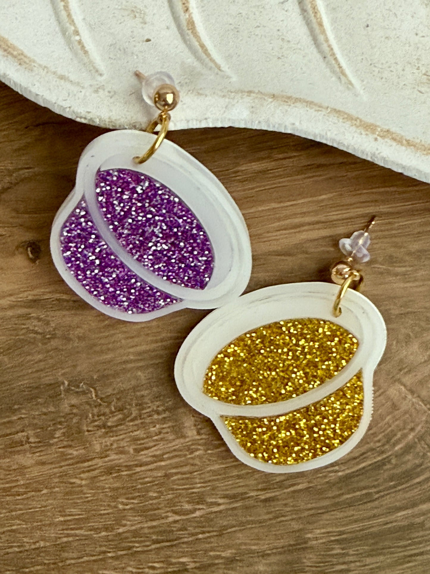 Jello Shot LSU Dangle Earrings Purple and Gold Tigers