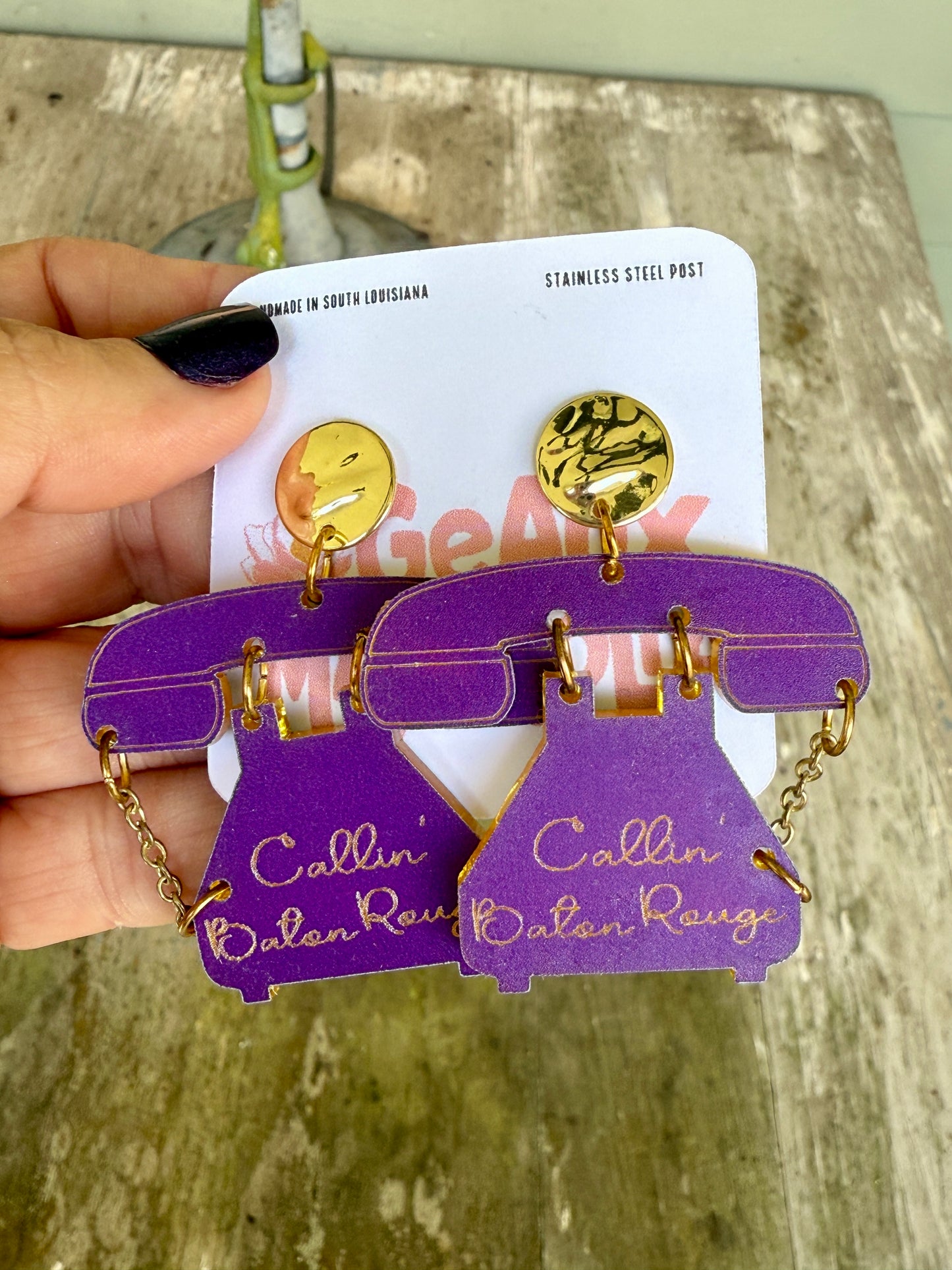 Callin’ Baton Rouge Retro Phone Dangle Earrings LSU Tigers