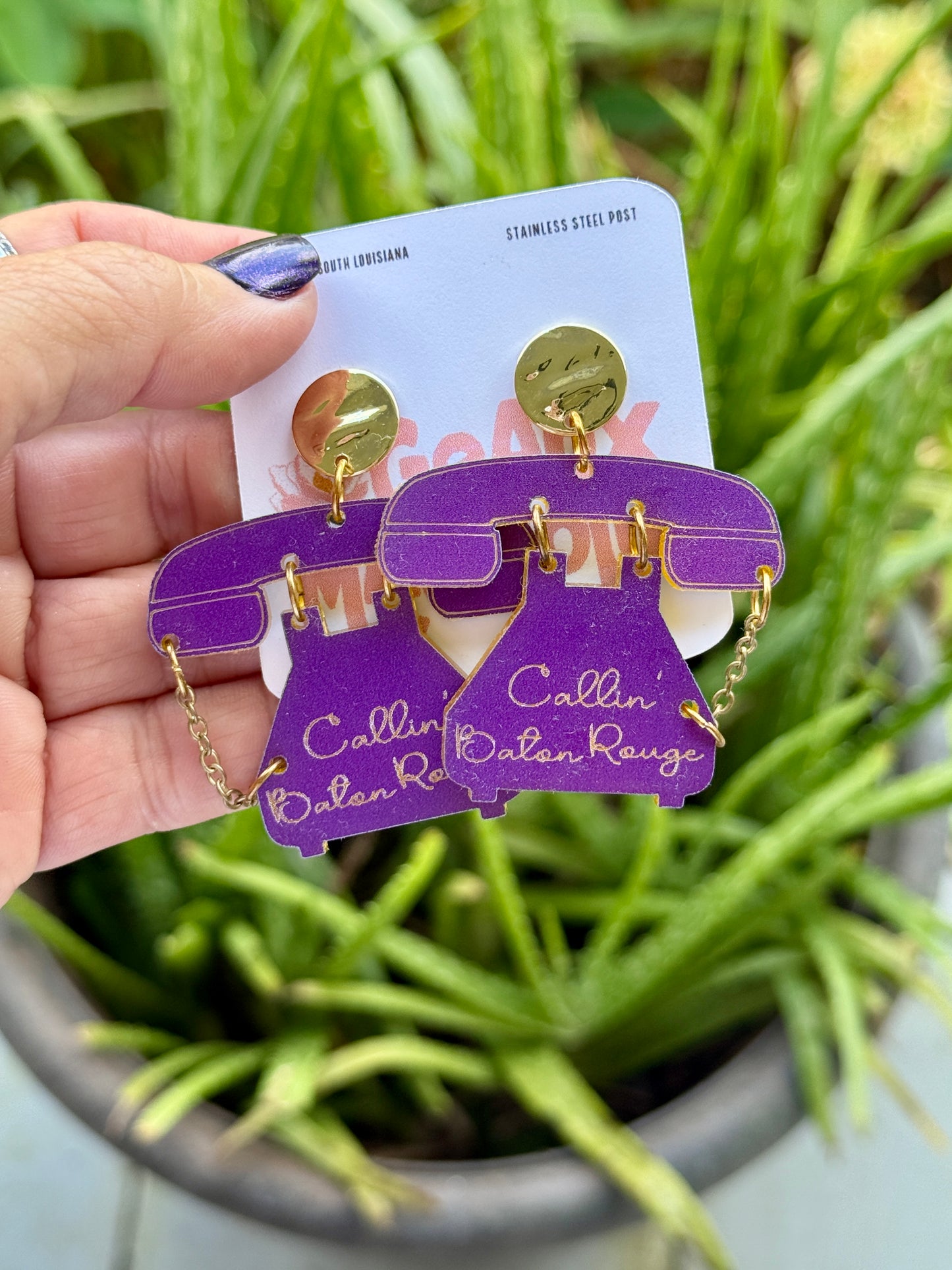 Callin’ Baton Rouge Retro Phone Dangle Earrings LSU Tigers