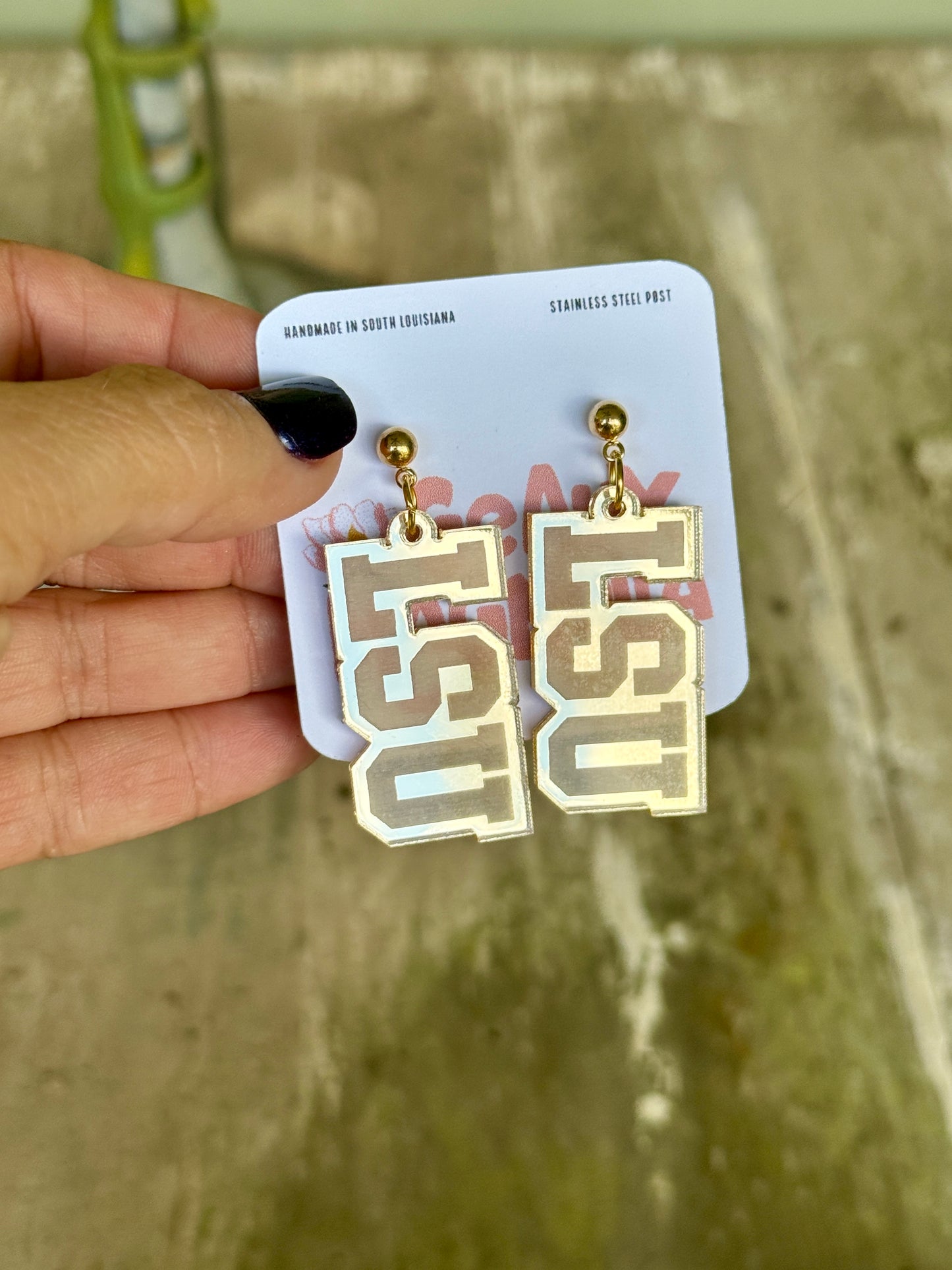 LSU Mirrored Acrylic Dangle Earrings Gold Purple