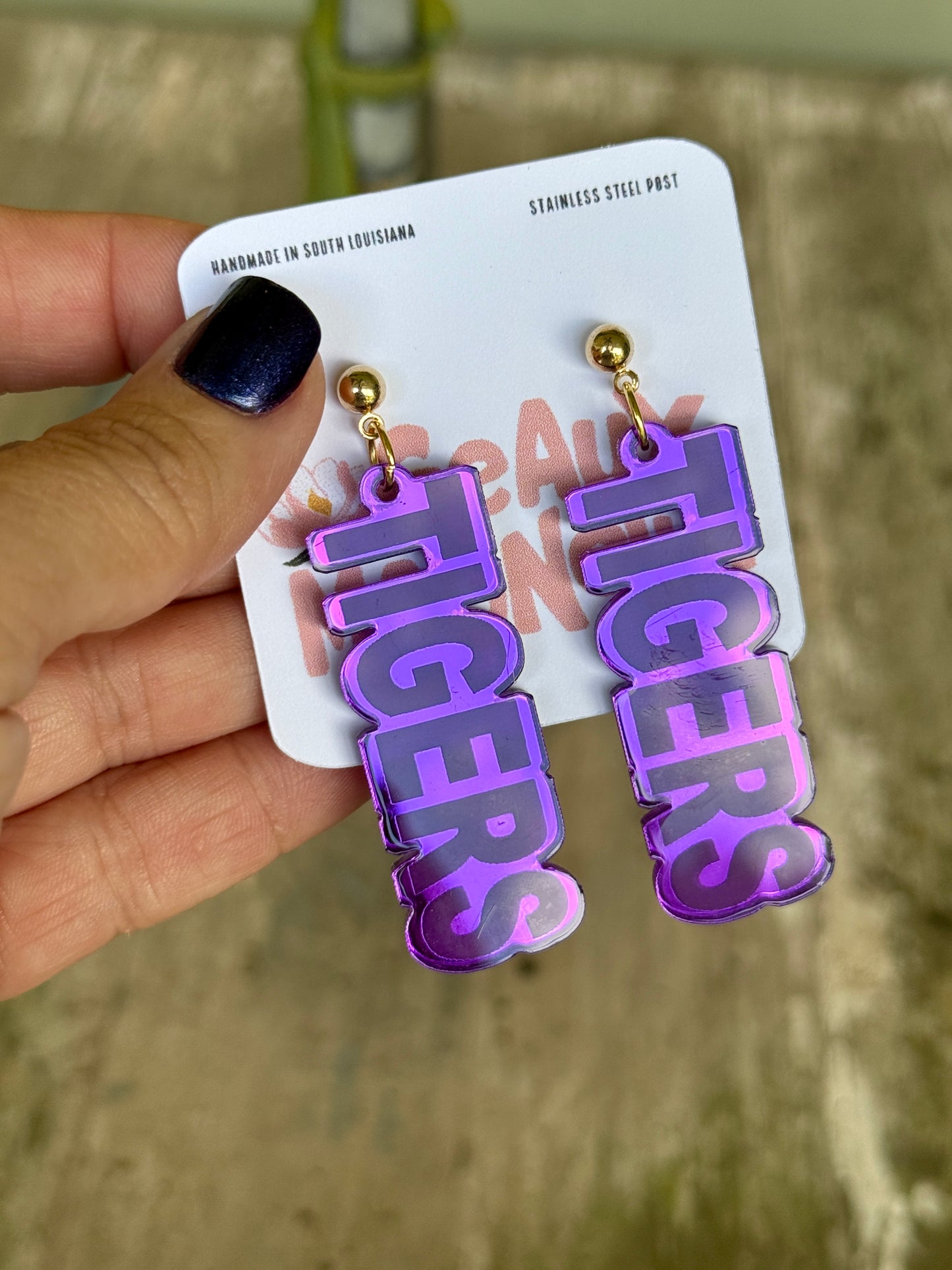 Tigers Mirrored Acrylic Dangle Earrings Gold Purple