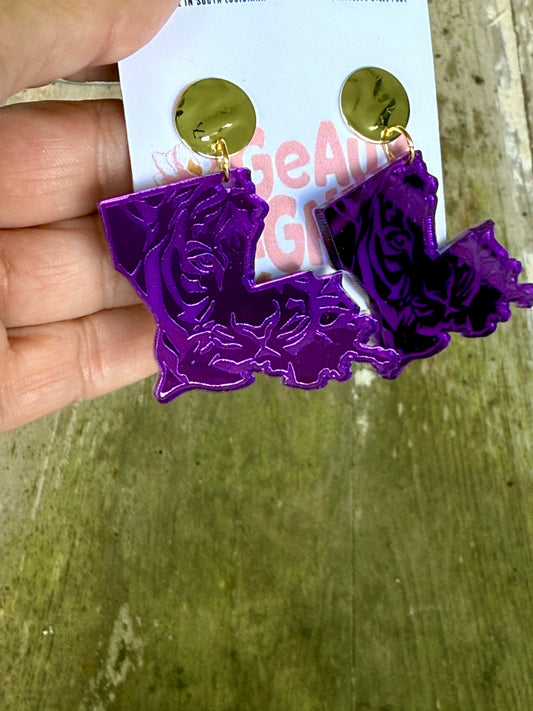 Tiger Face Louisiana Mirrored Acrylic Dangle Earrings Gold Purple