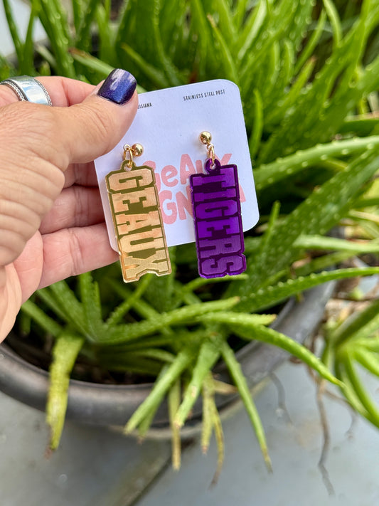 Geaux Tigers Mirrored Acrylic Dangle Earrings Gold Purple