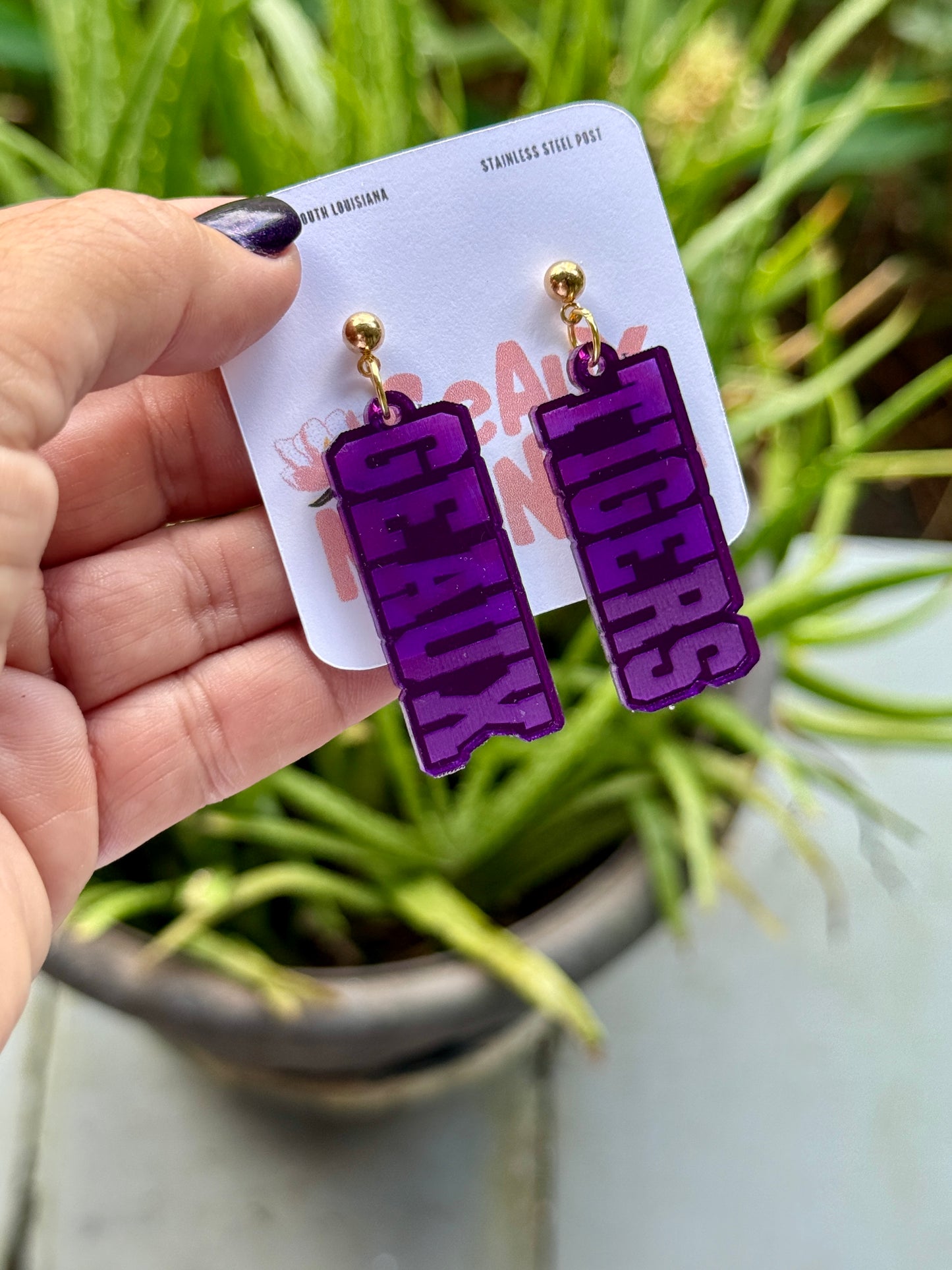 Geaux Tigers Mirrored Acrylic Dangle Earrings Gold Purple