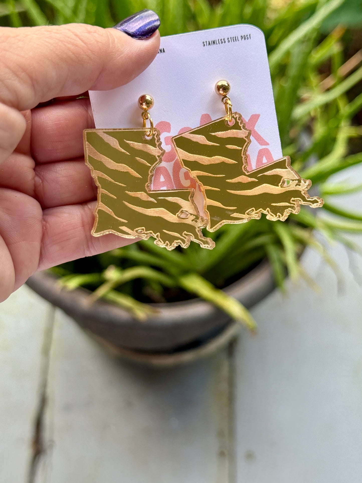 Tiger Striped Louisiana Mirrored Acrylic Dangle Earrings Gold Purple