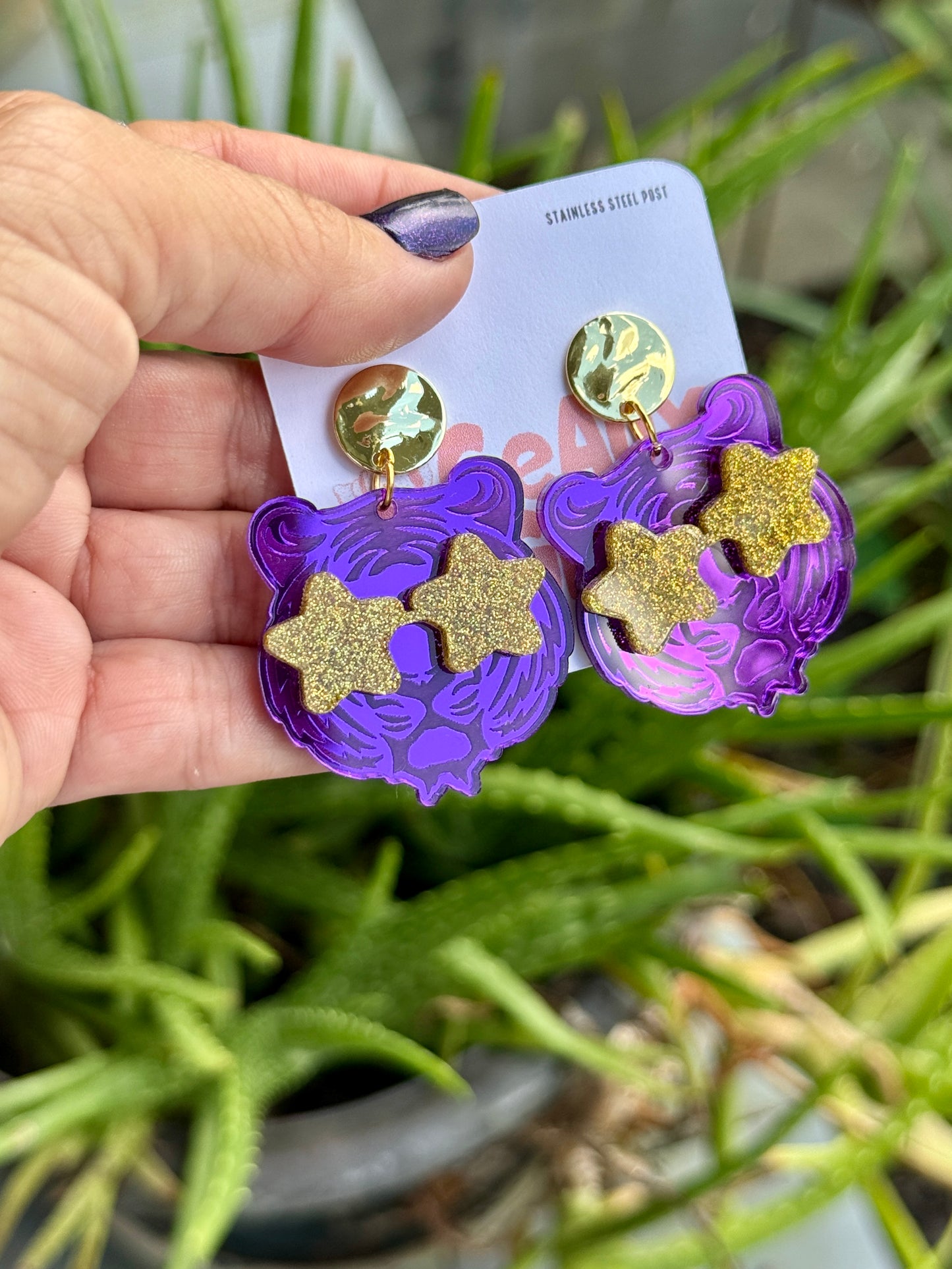 Tiger with Star Glitter Sunglasses Dangle Earrings LSU