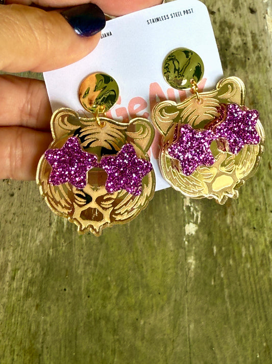 Tiger with Star Glitter Sunglasses Dangle Earrings LSU