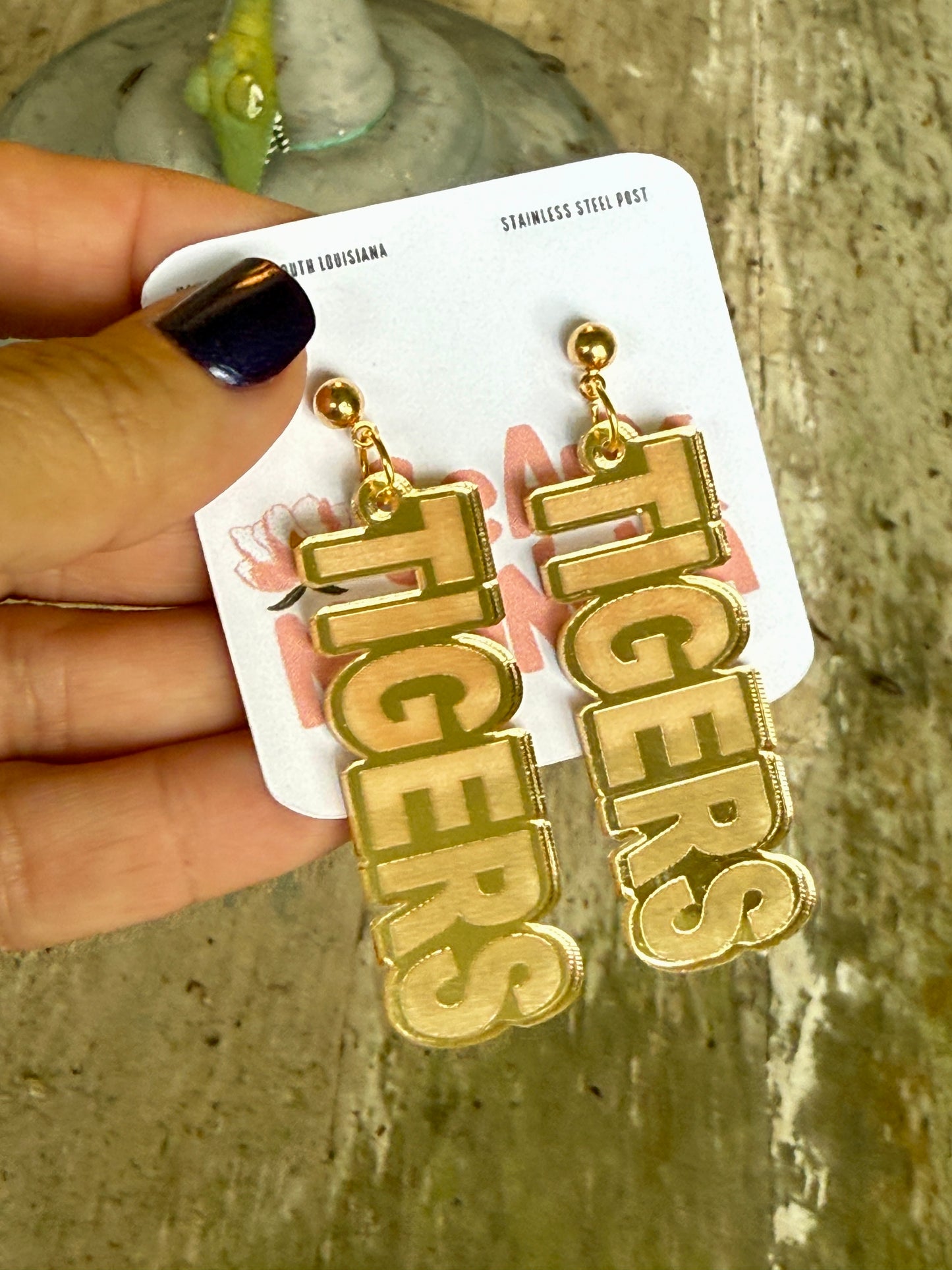 Tigers Mirrored Acrylic Dangle Earrings Gold Purple