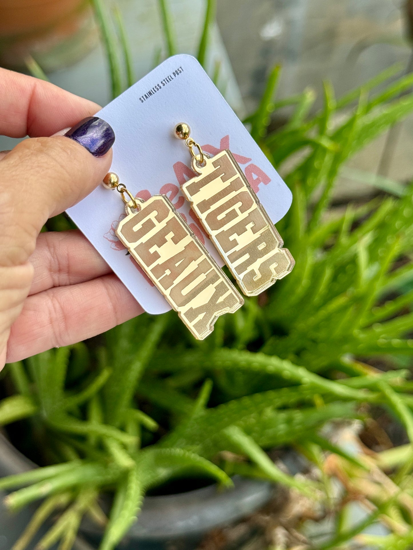 Geaux Tigers Mirrored Acrylic Dangle Earrings Gold Purple