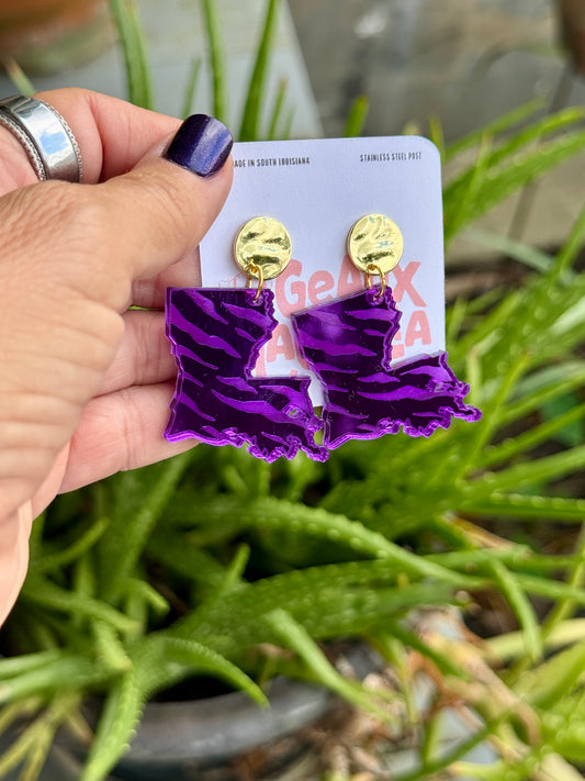 Tiger Striped Louisiana Mirrored Acrylic Dangle Earrings Gold Purple