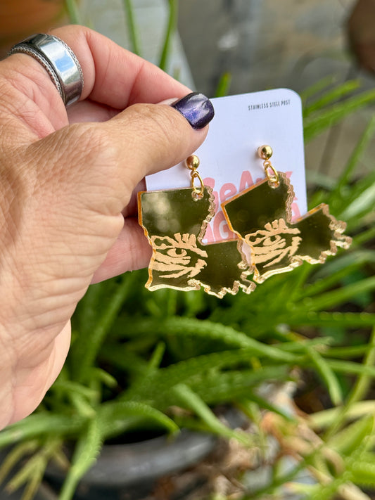 Eye of the Tiger Louisiana Mirrored Acrylic Dangle Earrings Gold Purple