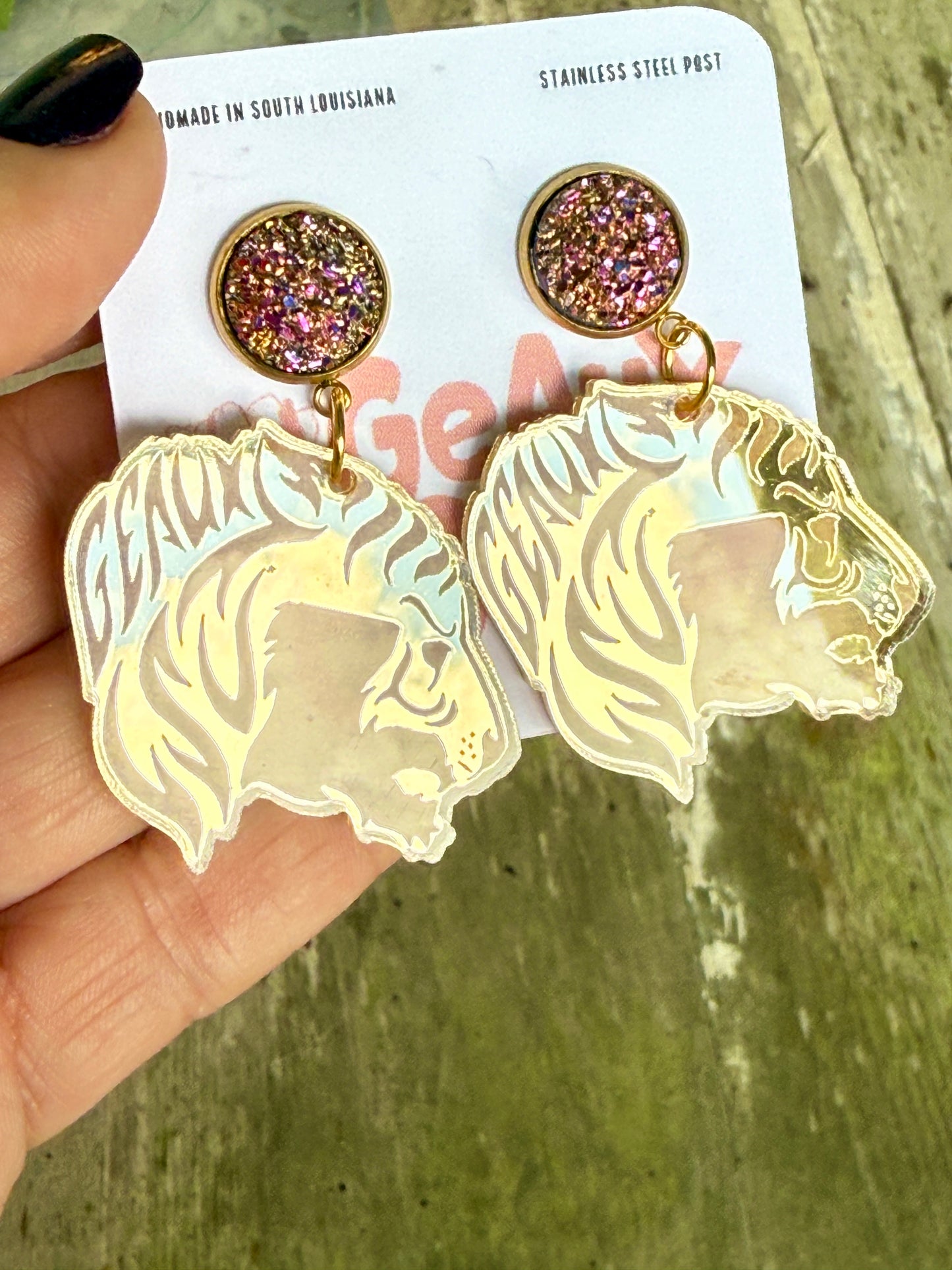 Geaux Louisiana Tiger Face Dangle Earrings LSU