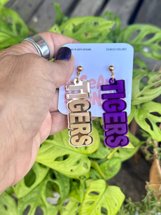 Tigers Mirrored Acrylic Dangle Earrings Gold Purple