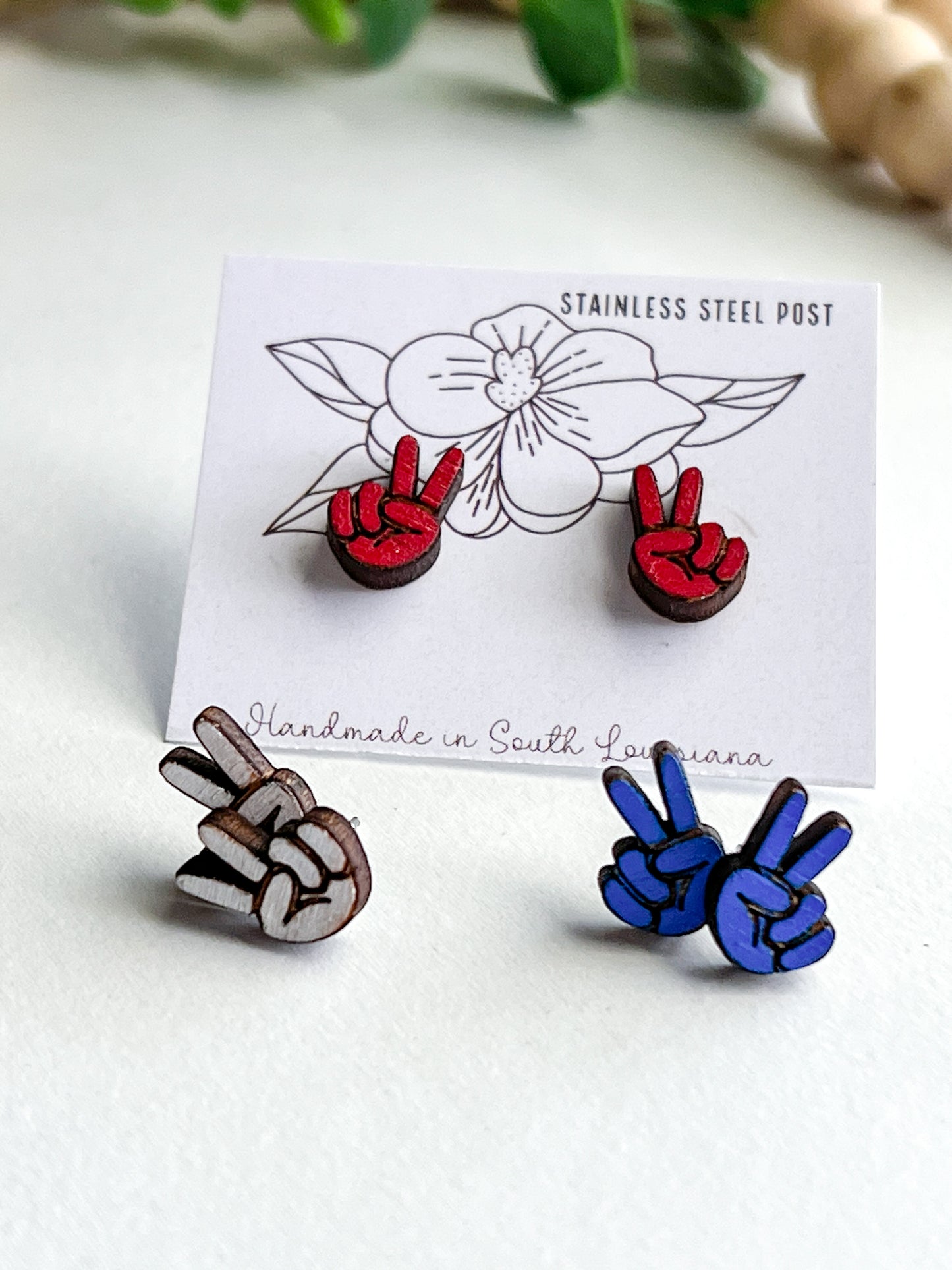 Patriotic Hand Peace Sign Stud Earrings