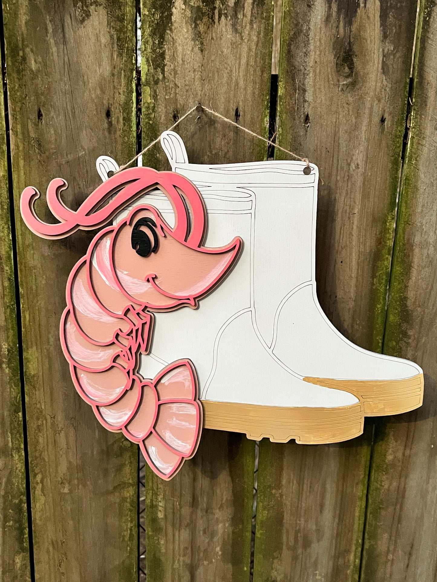 Shrimp and White Boots 3D Door Hanger