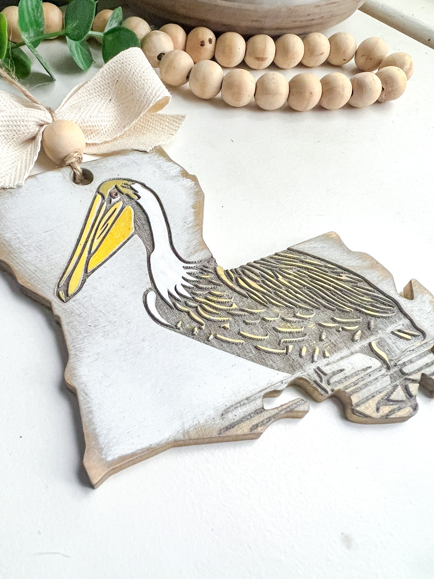 Louisiana Pelican Gold & White Ornament