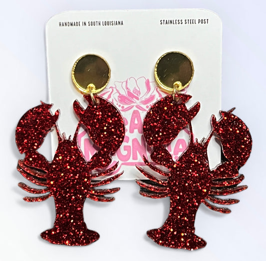 Crawfish Red Glitter Dangle Earrings