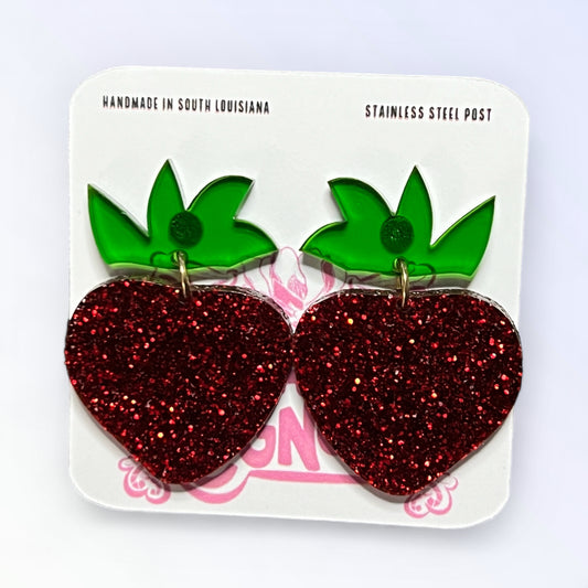 Strawberry Red Glitter Dangle Earrings