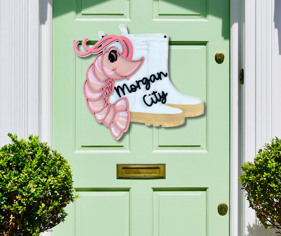 Shrimp and White Boots 3D Door Hanger